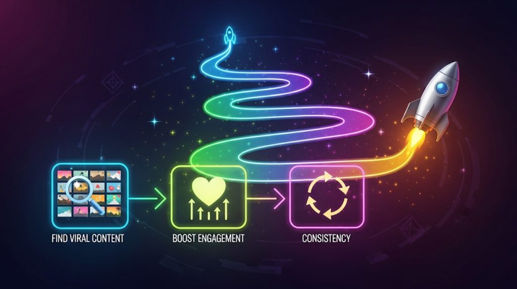 An illustration of a glowing roadmap with icons for viral content, engagement, and consistency, symbolizing a strategic guide to going viral on Instagram.