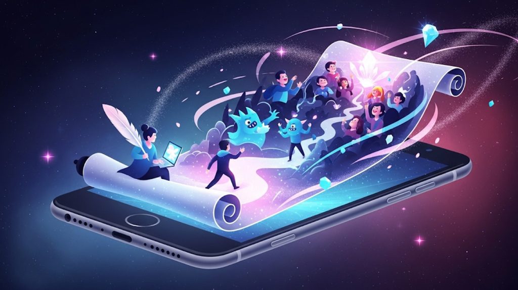 A mystical, glowing scroll unrolling from a smartphone screen, transforming into a vibrant, captivating narrative with characters and scenes, symbolizing the power of storytelling on Instagram.