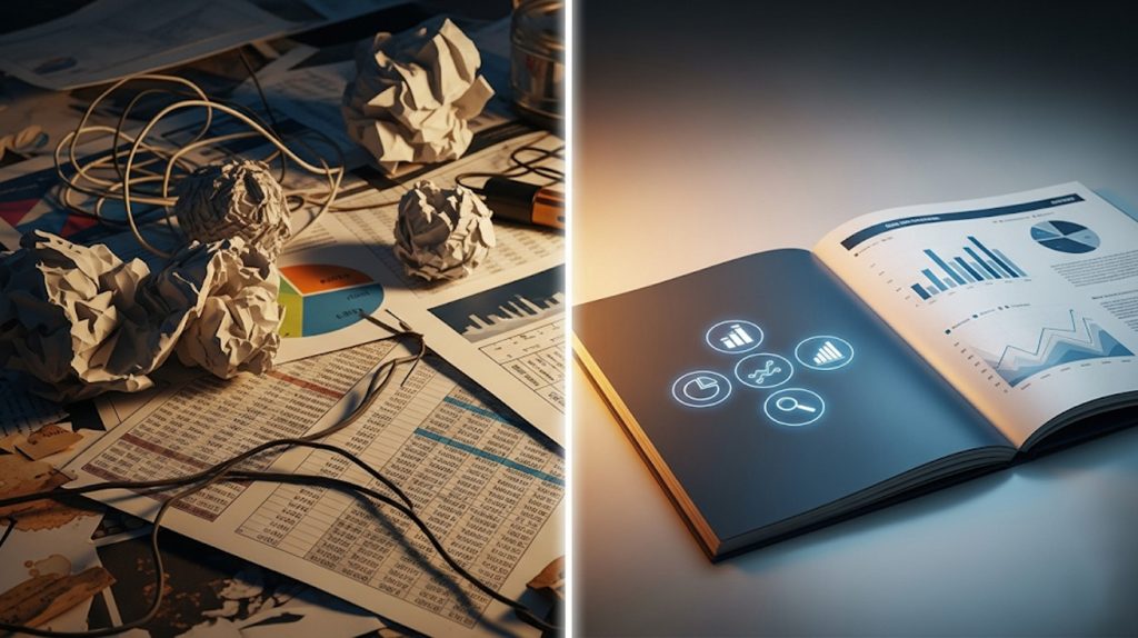 A side-by-side visual. On one side, a chaotic pile of messy, disorganized charts and spreadsheets. On the other side, a clean, elegant, and professional report document that is glowing, representing the "wow" factor.
