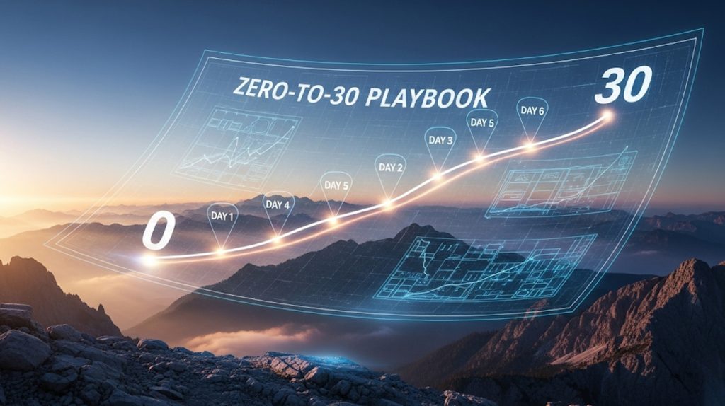 A digital blueprint laid over a mountain, showing a strategic path from zero to 30 content posts, representing a clear guide to Instagram growth.