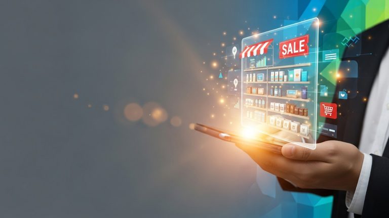 A conceptual illustration showing a smartphone screen transforming into a digital storefront, symbolizing social media monetization.