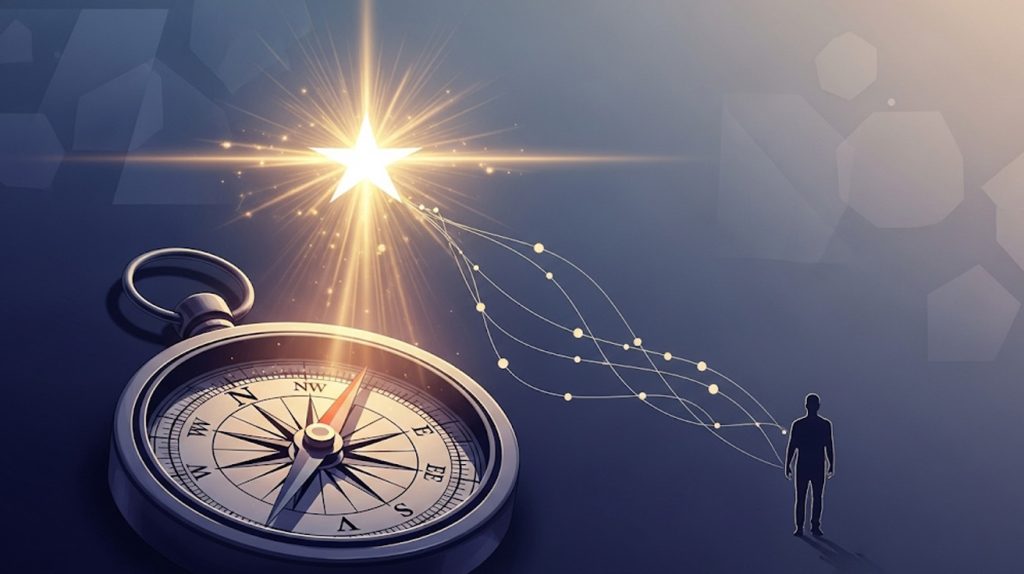 An illustration of a compass pointing to a star, symbolizing the importance of having a clear and unique positioning on Instagram to attract an ideal audience.