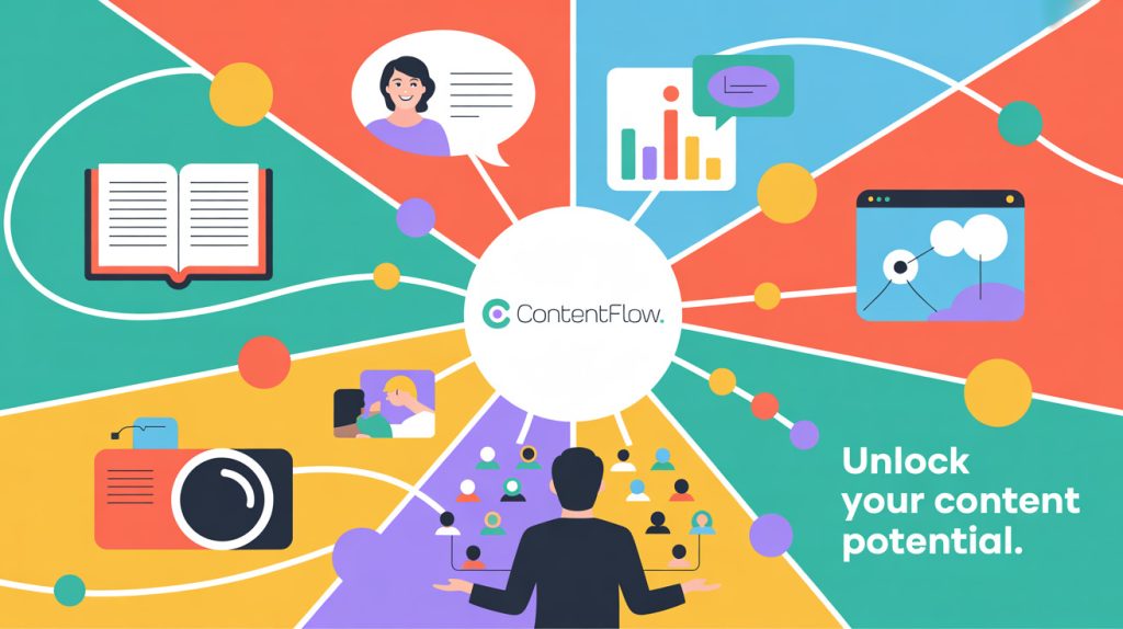 A dynamic collage illustrating various content marketing examples like guides, success stories, interactive content, behind-the-scenes, and webinars.