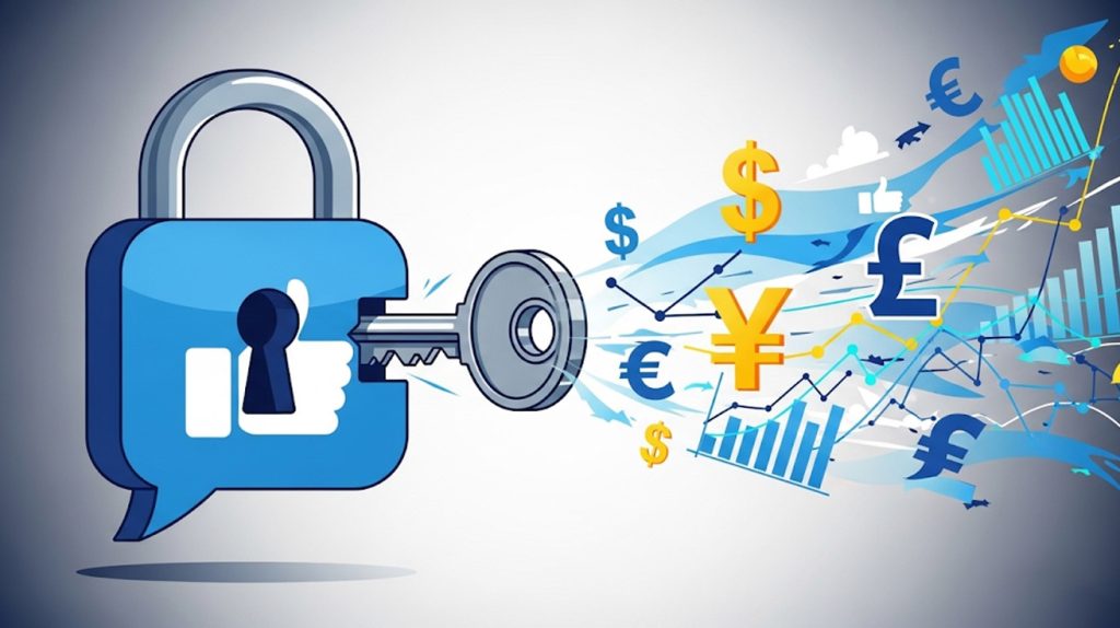 A key unlocking a social media-shaped lock, releasing a flow of money and charts to represent the potential for sales on social media.