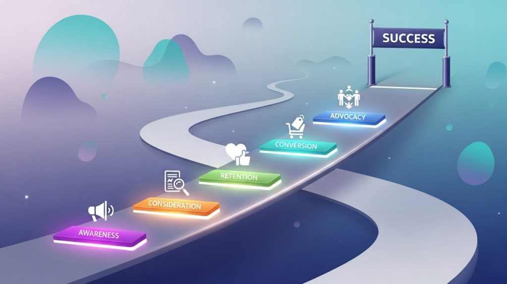 An illustration of a five-step roadmap leading to social media marketing success, with icons for each stage.