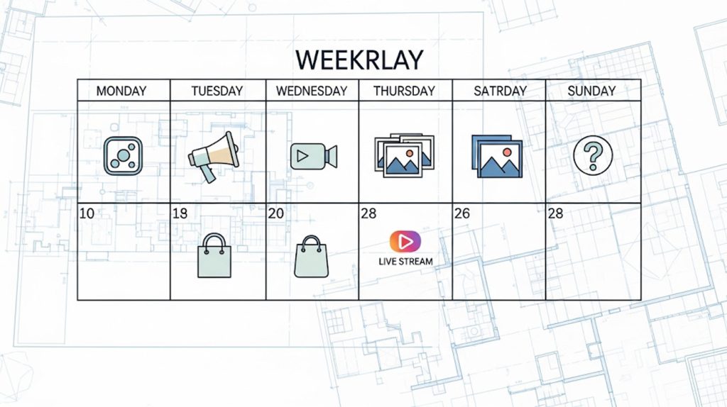 A digital blueprint showing a 7-day calendar with different icons for each day, representing a strategic content plan for Instagram.