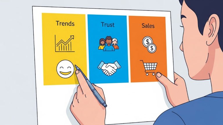 An illustration of a person holding a cheat sheet with three columns labeled Trends, Trust, and Sales, symbolizing a strategic content plan.