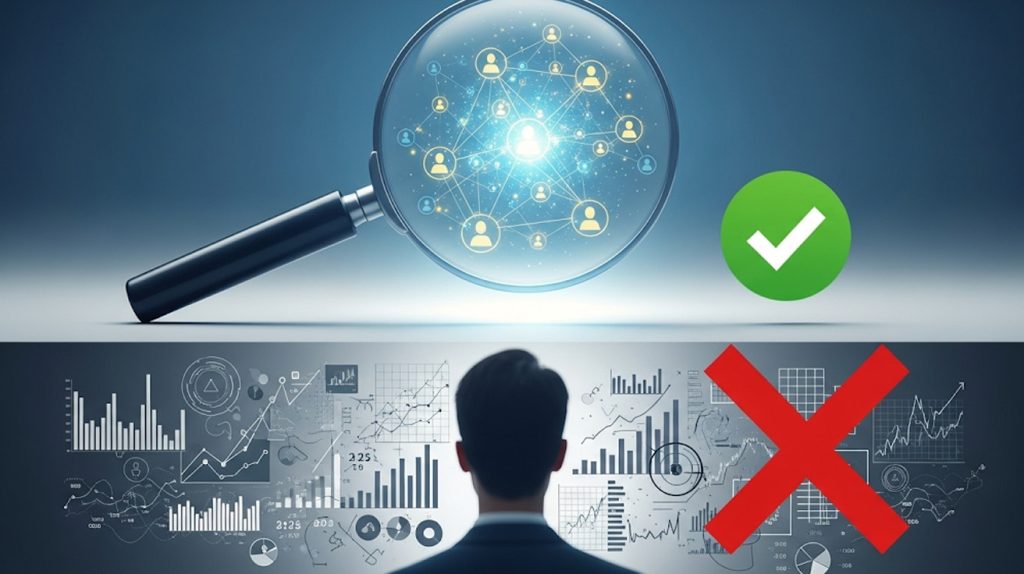An illustration of a magnifying glass focusing on a network of people, contrasting with a person looking at a confusing graph, symbolizing the choice between focusing on community versus numbers.