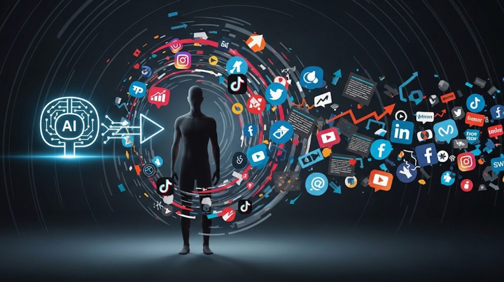 A conceptual illustration showing a person surrounded by chaotic social media tasks, with a calm, glowing AI icon helping to organize them.