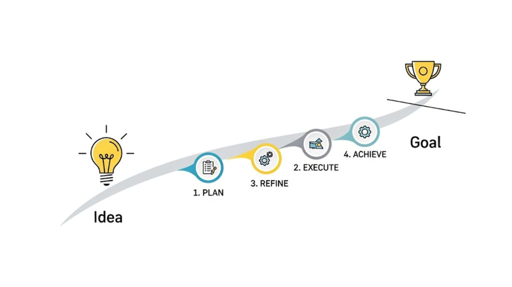A digital illustration of a strategic roadmap for a social media campaign, with a clear start point labeled "Idea" and a clear endpoint labeled "Goal," showing a path with key steps.