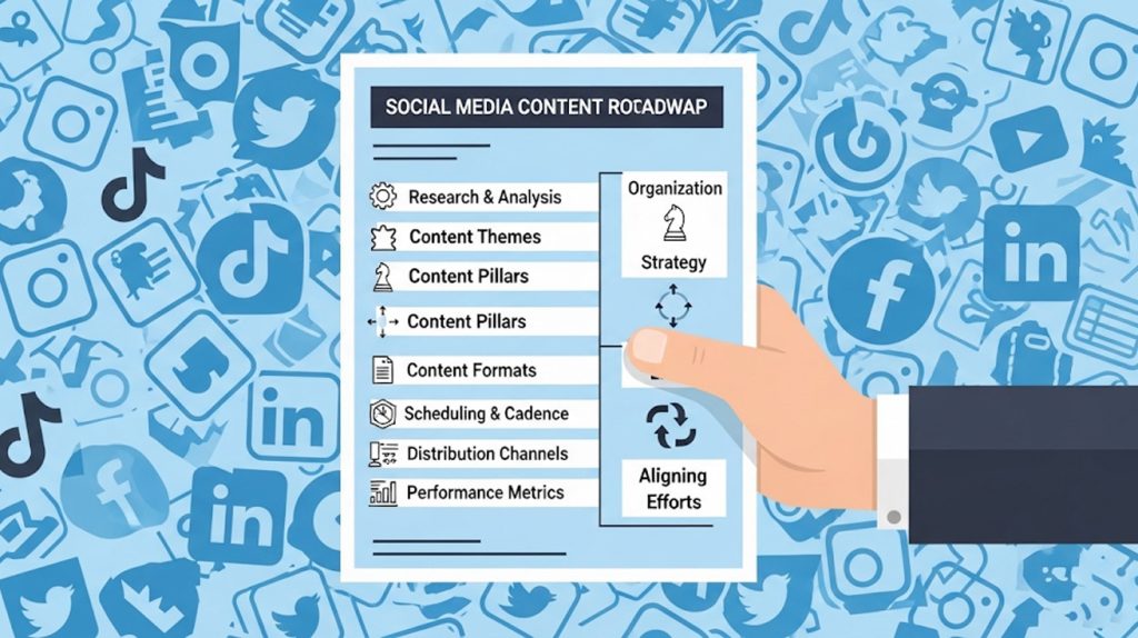 A conceptual illustration of a person's hand holding a blueprint with 7 steps for a social media strategy, showing a clear plan against a chaotic background.