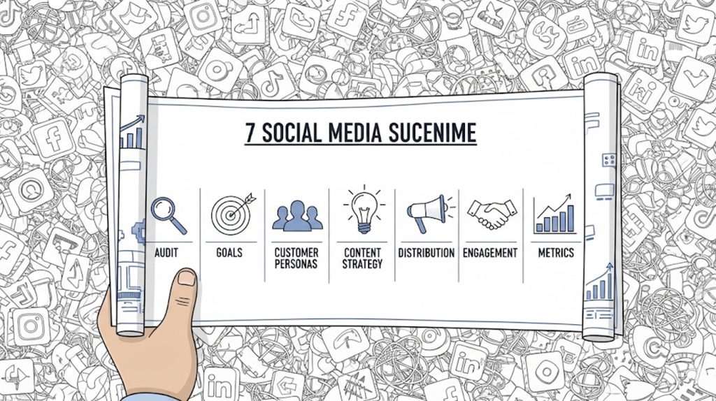 A conceptual illustration of a person's hand holding a blueprint with 7 steps for a social media strategy, showing a clear plan against a chaotic background.