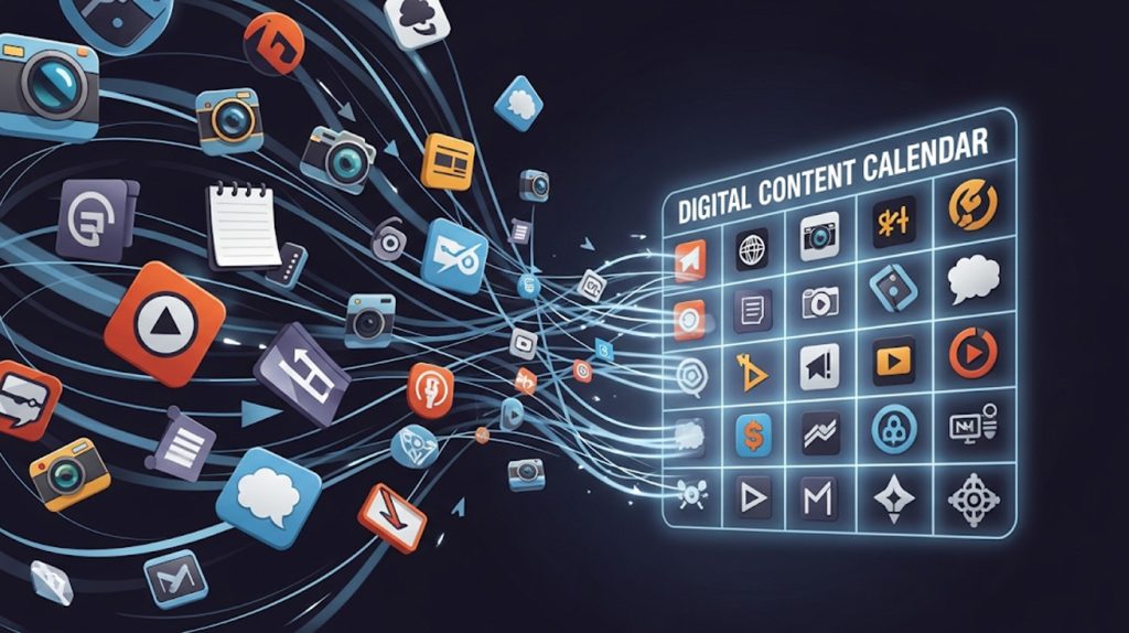 A visual representation of a chaotic mess of content ideas being organized into a neat and strategic digital content calendar.