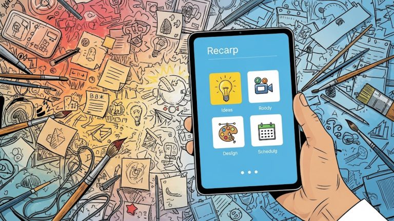 An illustration showing a person's hand holding a tablet with a clear, organized content creation dashboard, contrasted against a chaotic and disorganized background, symbolizing a solution to creative overwhelm.
