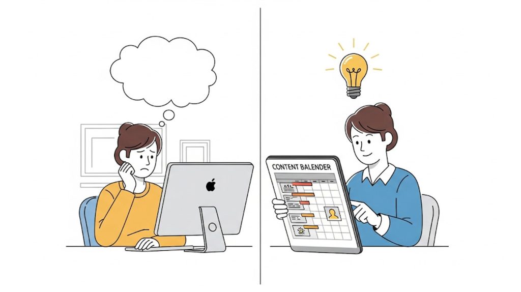 An illustration contrasting a person with a blank mind with a person who has a clear content calendar, representing a solution to content block.